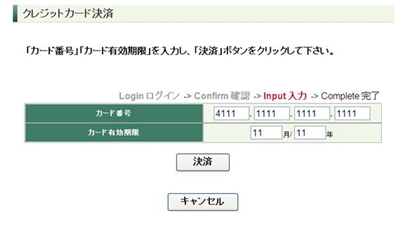 クレジット決済カード情報入力画面