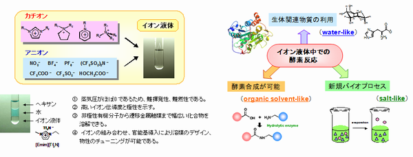 中島研究紹介図（イオン液体の特徴とバイオプロセスへの応用）